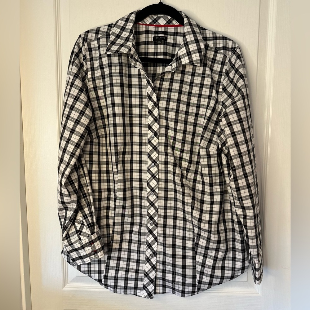 Talbots Non-Iron Black & White w/Subtle Silver Threads Plaid Shirt 14w